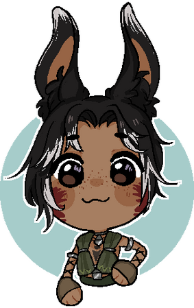 A chibi drawing of a male Viera from Final Fantasy XIV. He is tan skinned with dark hair and eyes, and tall ears. He is wearing a green tunic with green gloves and black and silver accessories on both arms. His face is bright and smiling.