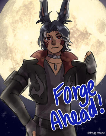 A painting of a male Viera from Final Fantasy XIV. He is tan skinned with dark hair and eyes, and tall ears. He is wearing a silver choker as well as a short silver necklace, a leather jacket, and dark pants. He is posing in a way that says he is excited t