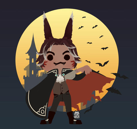 A chibi painting of a male Viera from Final Fantasy XIV. He is tan skinned with dark hair and eyes, and tall ears. He is wearing a vampire costume and fangs. In the background is a full yellow/gold moon with the silhouette of a large castle inside on the l